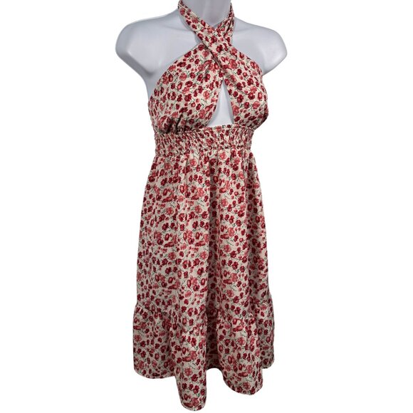 Pink Floral Criss Cross Halter Summer Dress Size Large - Picture 5 of 10